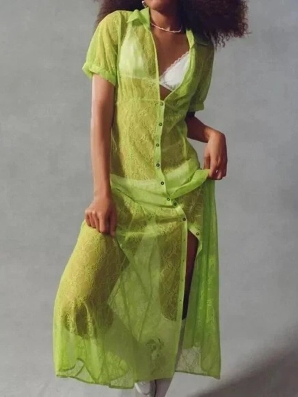 Urban Outfitters Connie Sheer Lace Maxi Dress Neon Green Size M NWT - Picture 1 of 10